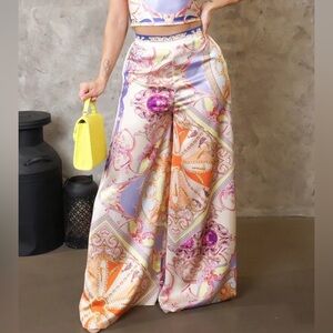 Steps New York Satin Wide Leg High Waist Pants Gold Multicolor Size L